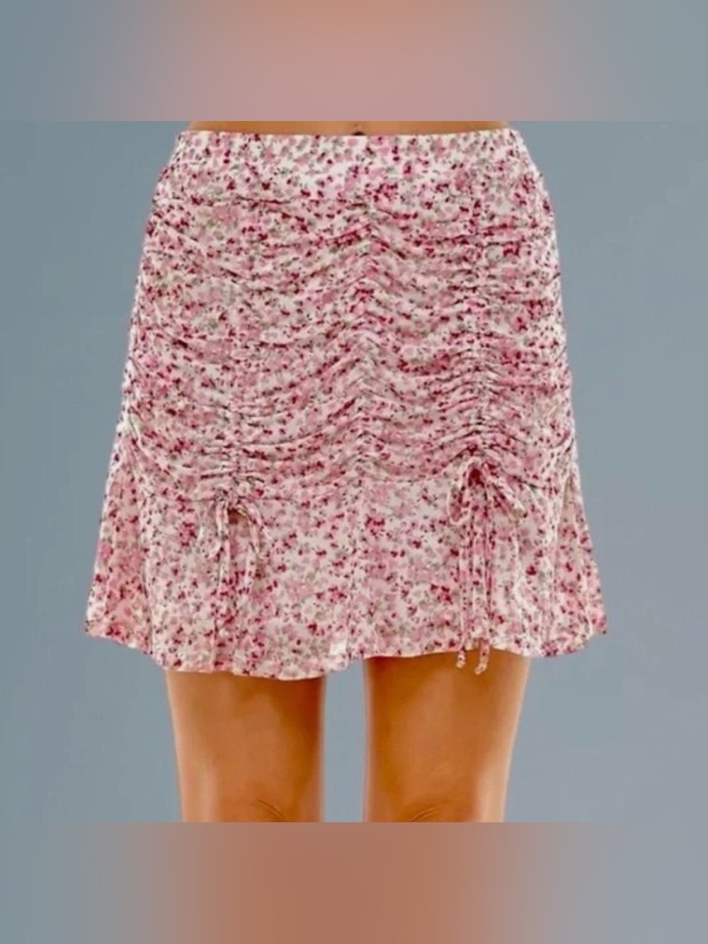 ULTRA FLIRT Skirt Pink Ruched Mesh with Vertical Drawstrings Tiny Rose Ditsy